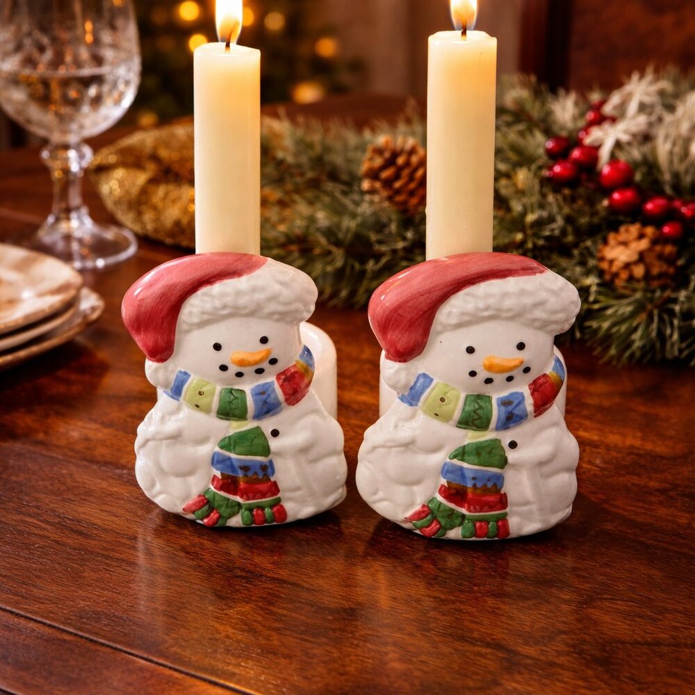 Snowman Ceramic Candle Holders – Set of 2 – Festive Holiday Decor – Han